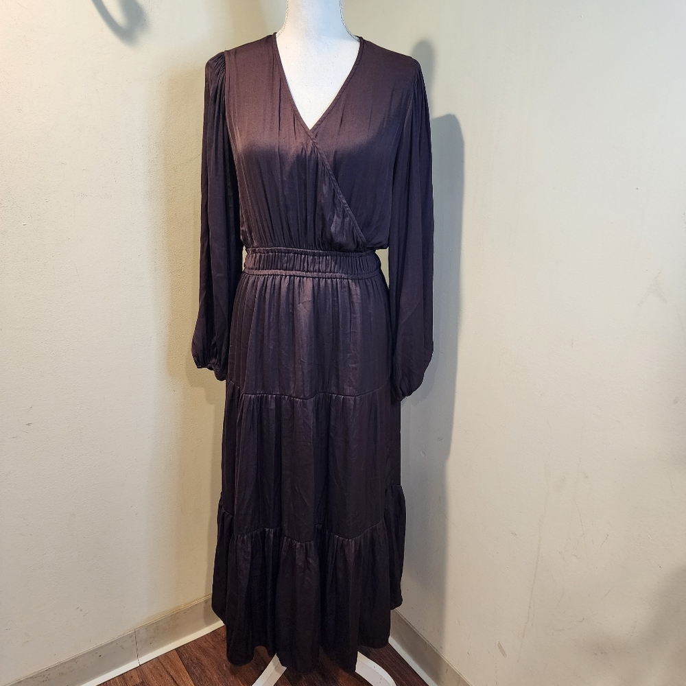 Joie Elegant Brown Silky Long Sleeves  Maxi Dress Size L